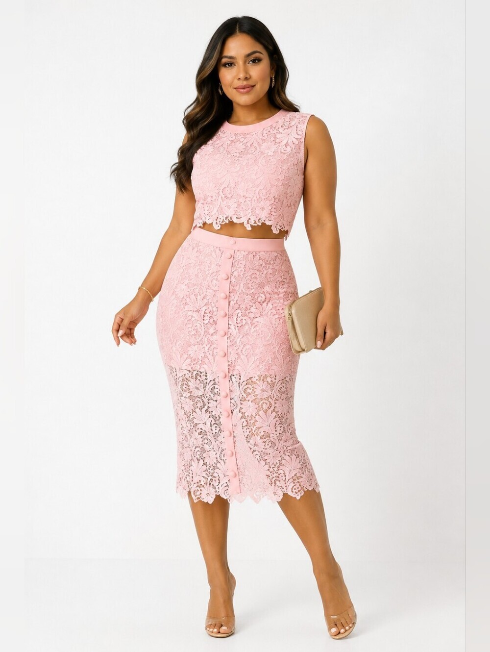 SHEIN Pink Floral Lace Two-Piece Crop Top & Midi Skirt Set Size XL / US 12.